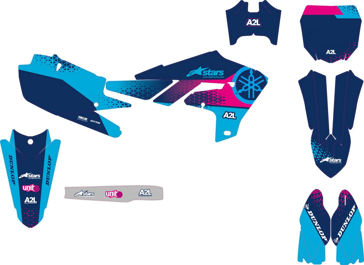 KIT DÉCO MOTOCROSS YAMAHA YZF - BLEU TURQUOISE ROSE ( ADAPTABLE TOUTES YAMAHA ) A2L CRÉATION