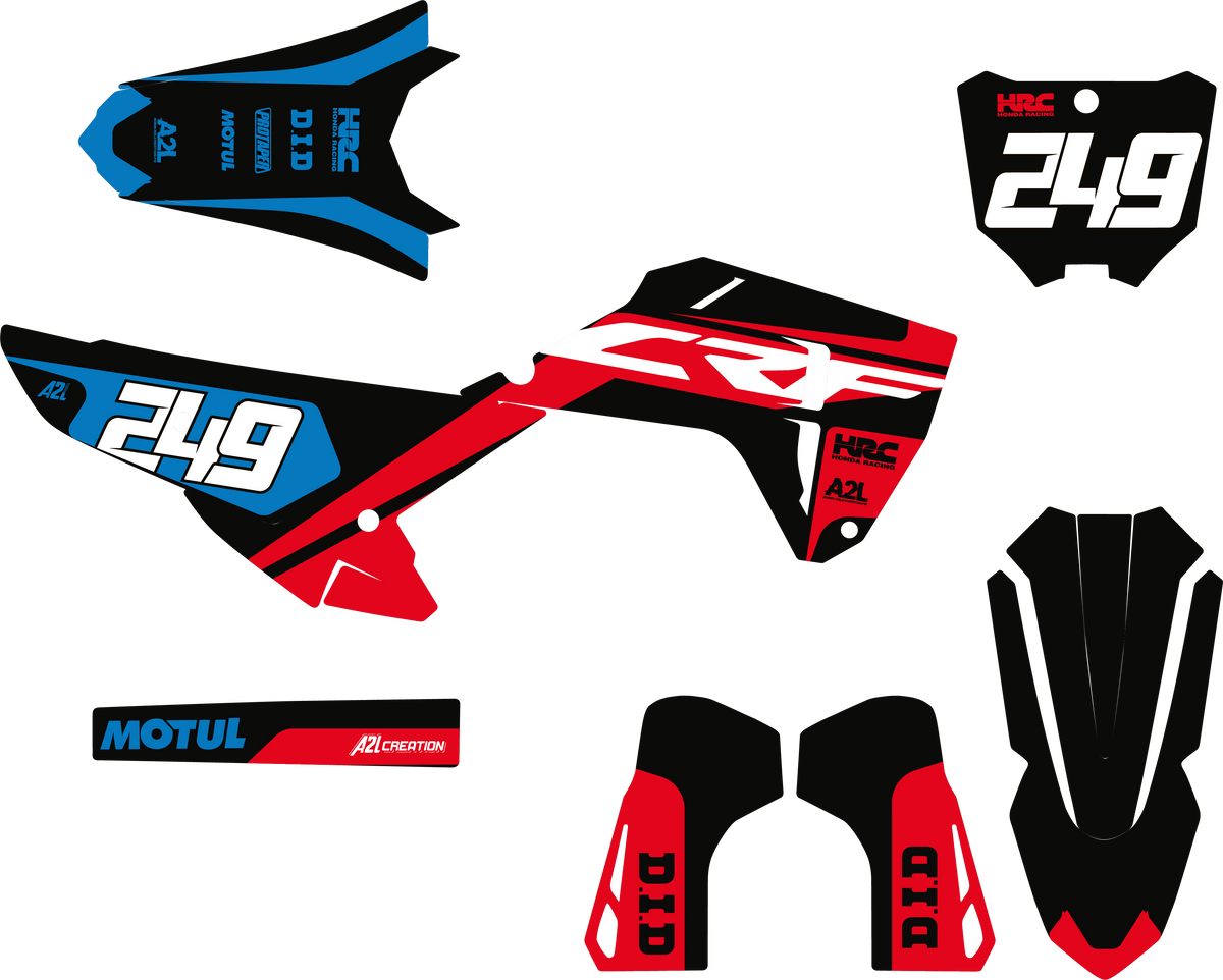 KIT DÉCO MOTOCROSS HONDA CRF - V1 ROUGE NOIR BLEU A2L CRÉATION