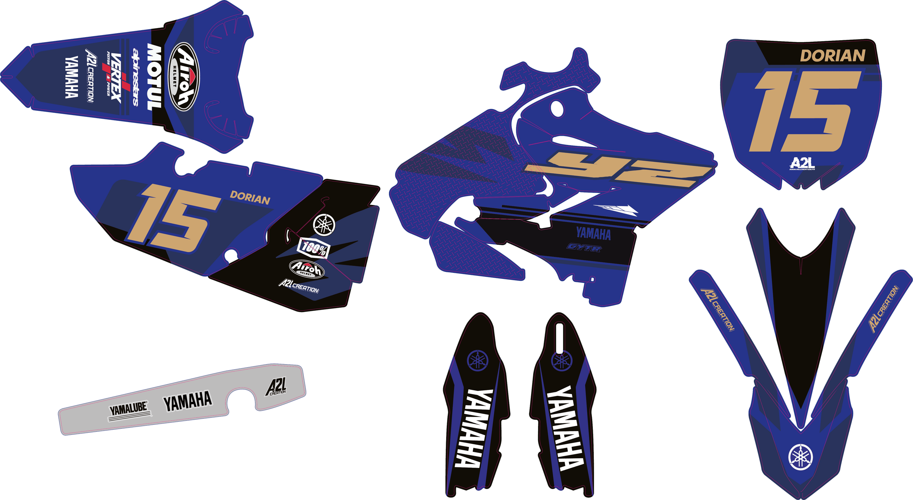 KIT DÉCO MOTOCROSS YAMAHA CLEAN - BLEU OR ( ADAPTABLE TOUTES YAMAHA ) A2L CRÉATION