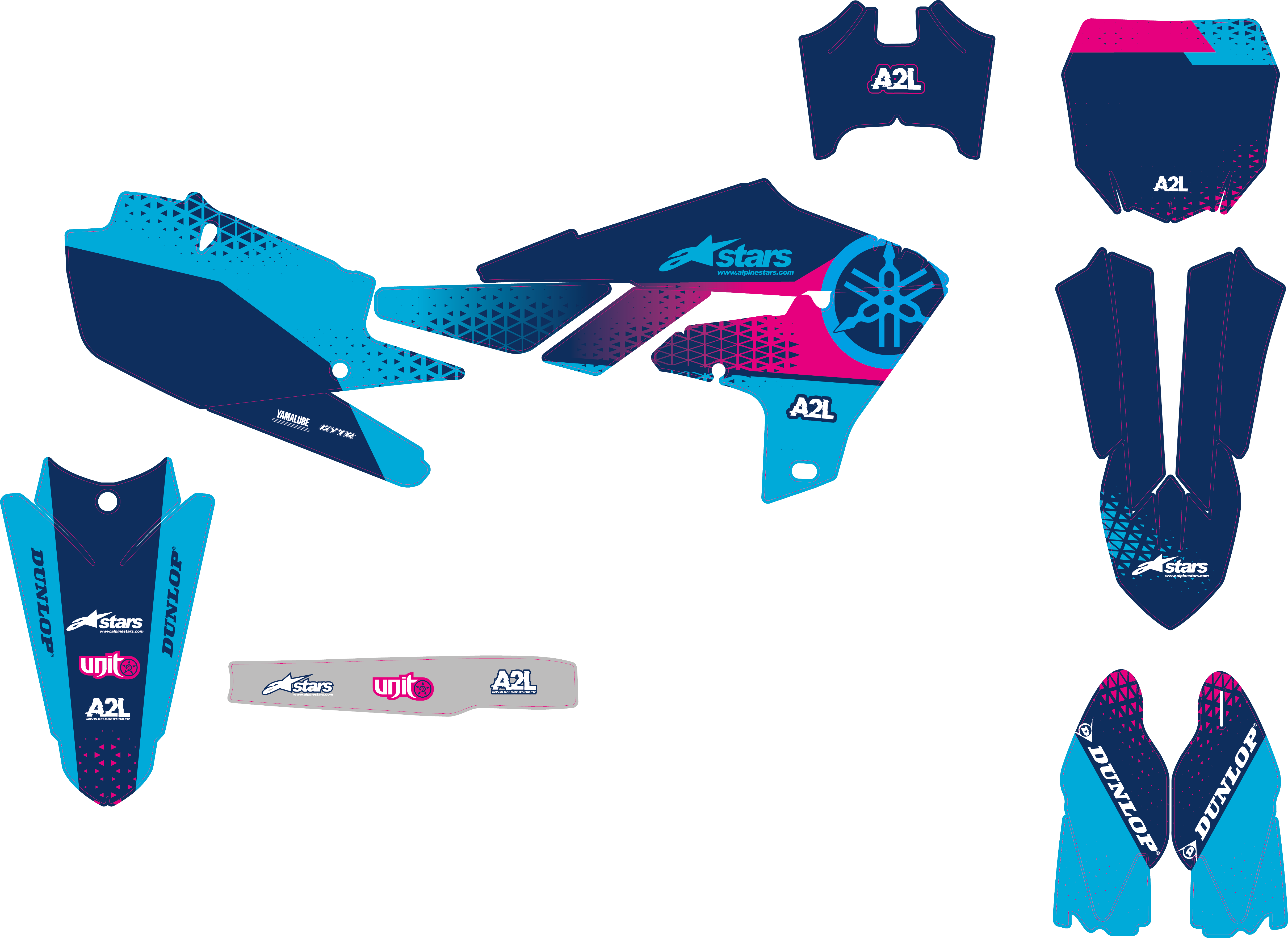 KIT DÉCO MOTOCROSS YAMAHA YZF - BLEU TURQUOISE ROSE ( ADAPTABLE TOUTES YAMAHA ) A2L CRÉATION