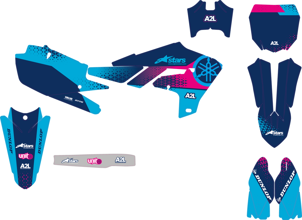 KIT DÉCO MOTOCROSS YAMAHA YZF - BLEU TURQUOISE ROSE ( ADAPTABLE TOUTES YAMAHA ) A2L CRÉATION